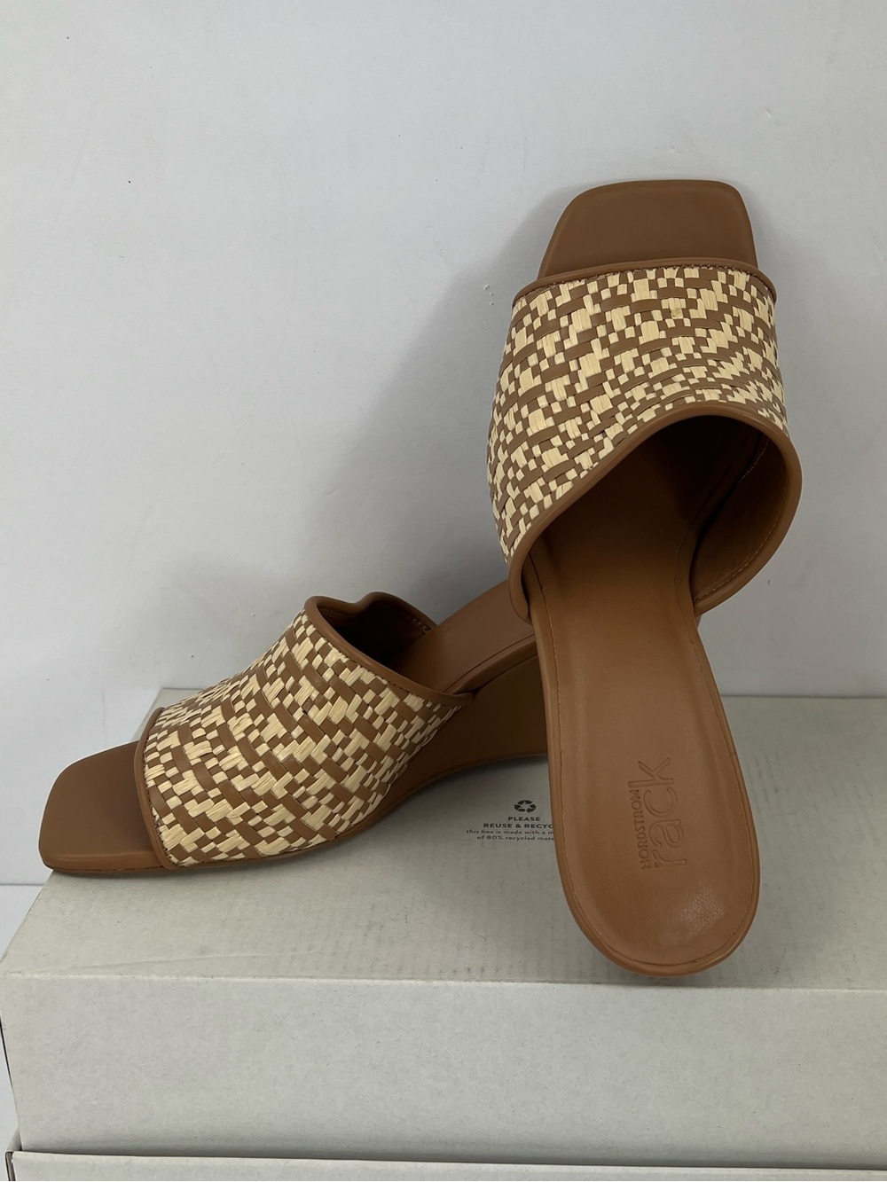 WEDGE SLIP ON SANDALS, NORDSTROM RACK, ALL MAN MADE MATERIAL, BROWN & TAN COLORS
